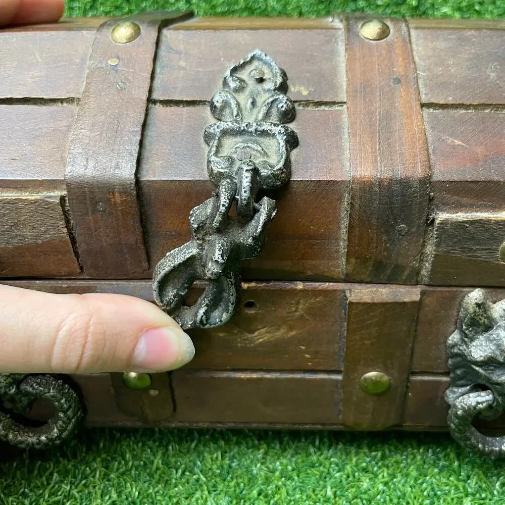 Vintage Wooden Treasure Chest Jewelry Box Gothic Lions Head Metal Latch